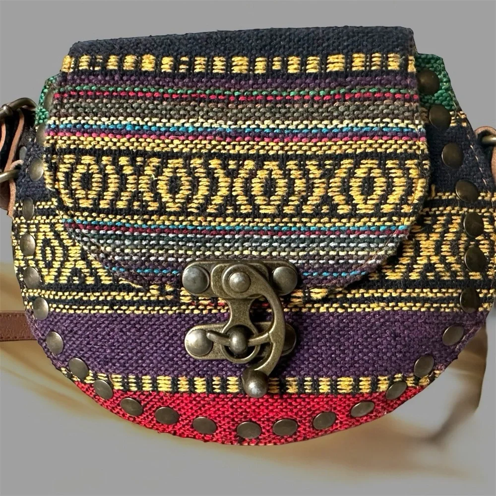 Multicolor Persian Bohemian Crossbody Bag With Unique Trendy Brass Swing Latch - Picture 3 of 8